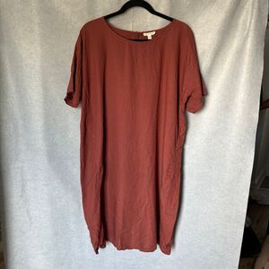 Eileen Fisher Organic Linen Shift Dress Deep Terra Cotta Natural Lagenlook Large